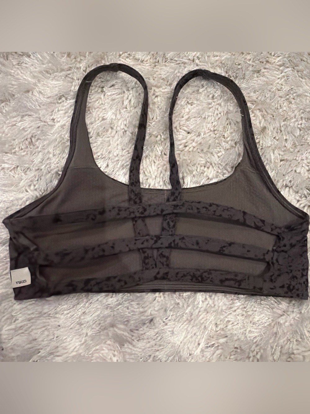 Vuori Black and Gray Yosemite Strappy Sports Bralette in chia